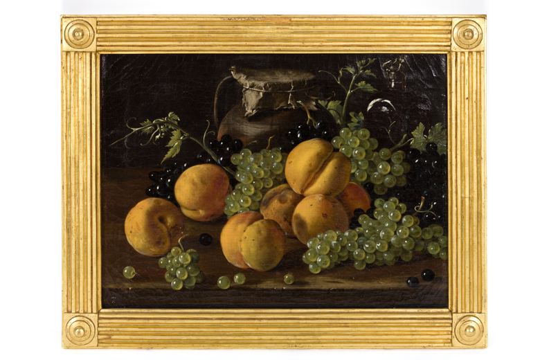 Bodegón con melocotones y uvas, frasca y jarra