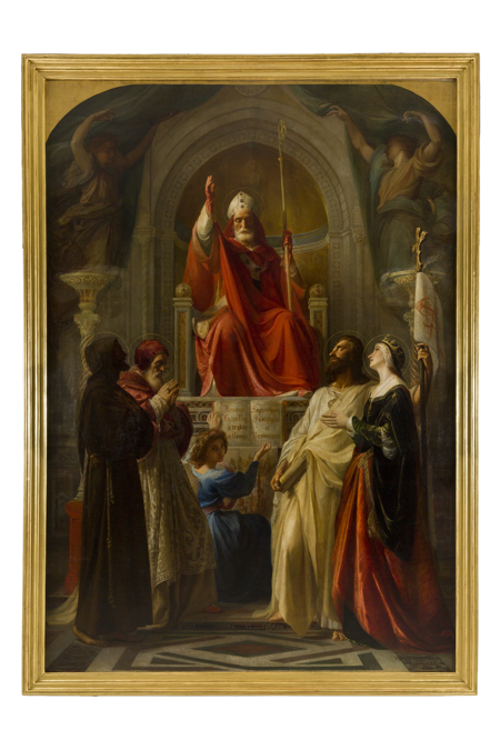 Imagen sobre: Santiago, santa Isabel, san Francisco y san Pío V, patronos de España, de sus ma jestades y de su santidad Pío IX (padrino de su alteza el príncipe de Asturias), interceden con san Ildefonso, arzobispo de Toledo y santo tutelar del príncipe, para que le bendiga y guíe