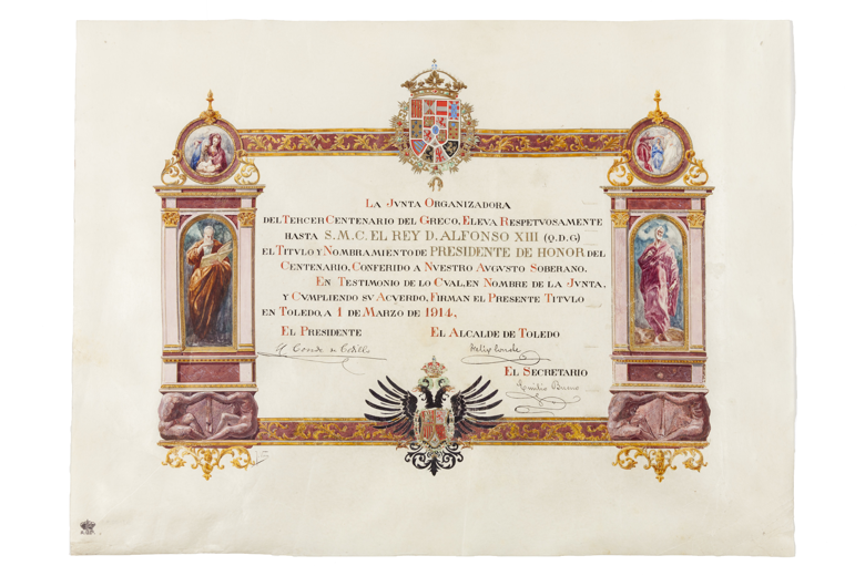 Título de presidente de honor concedido al rey Alfonso XIII por la Junta Organizadora del Tercer Centenario de El Greco el 1 de marzo de 1914.