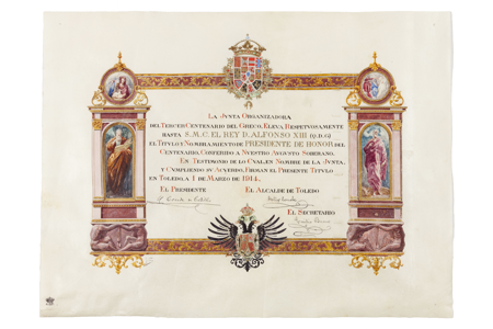 Imagen sobre: Título de presidente de honor concedido al rey Alfonso XIII por la Junta Organizadora del Tercer Centenario de El Greco el 1 de marzo de 1914.