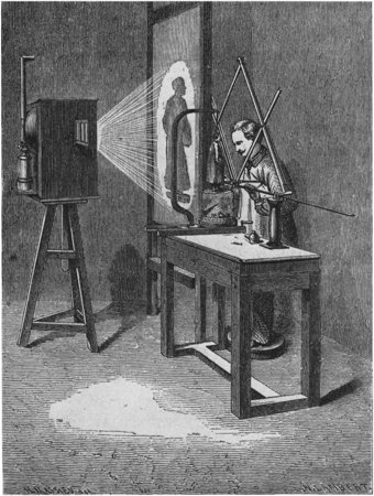Sistema de trabajo de François Willème, N. Lambert y H. Massieu, 1864, grabado, Publicado en Theophile Gautier, Photosculture, París, 1864. © Courtesy of George Eastman House