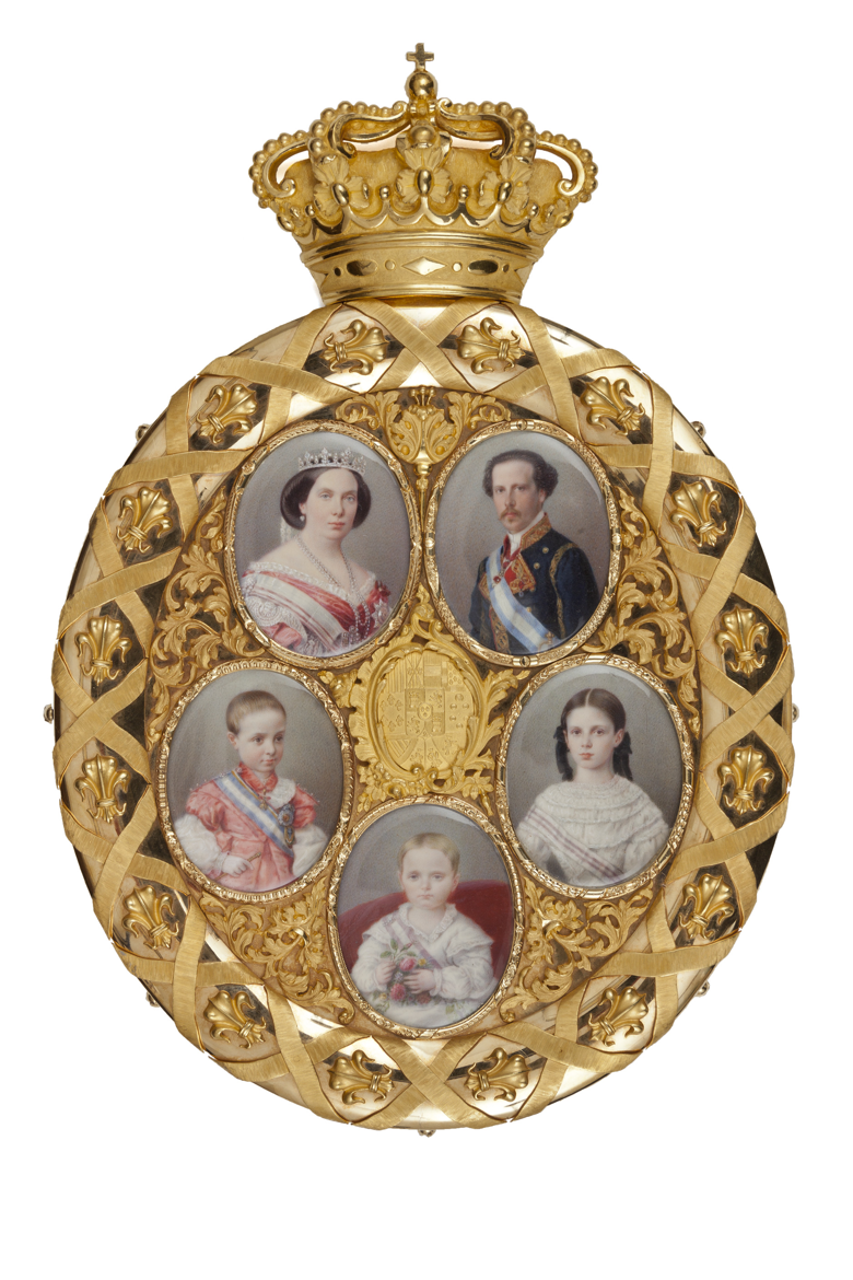 Isabel II, reina de España, su esposo Francisco de Asís y sus tres hijos