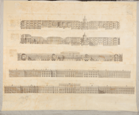 Proyecto de Filippo Juvarra para el Palacio Real de Madrid: secciones longitudinales y alzados de la fachada principal y a los jardines.