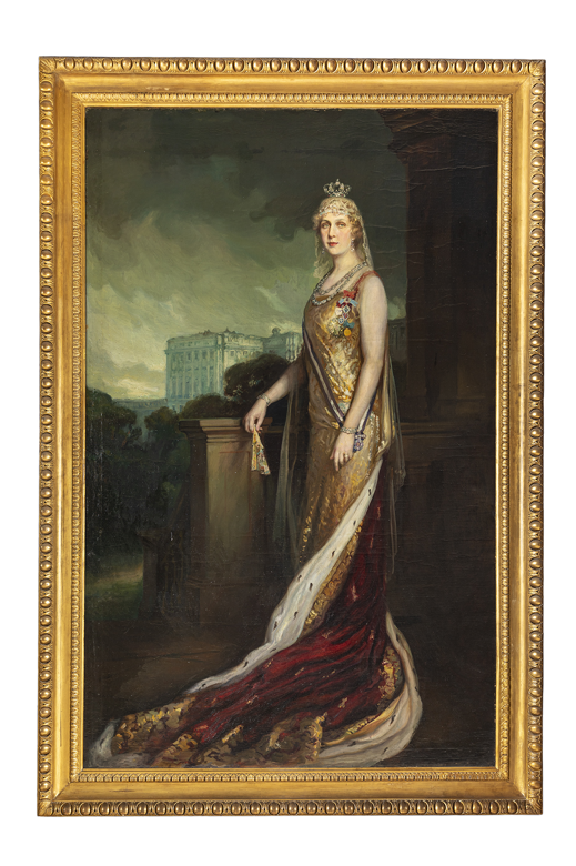 Imagen sobre: Retrato de Victoria Eugenia con traje de corte y manto real